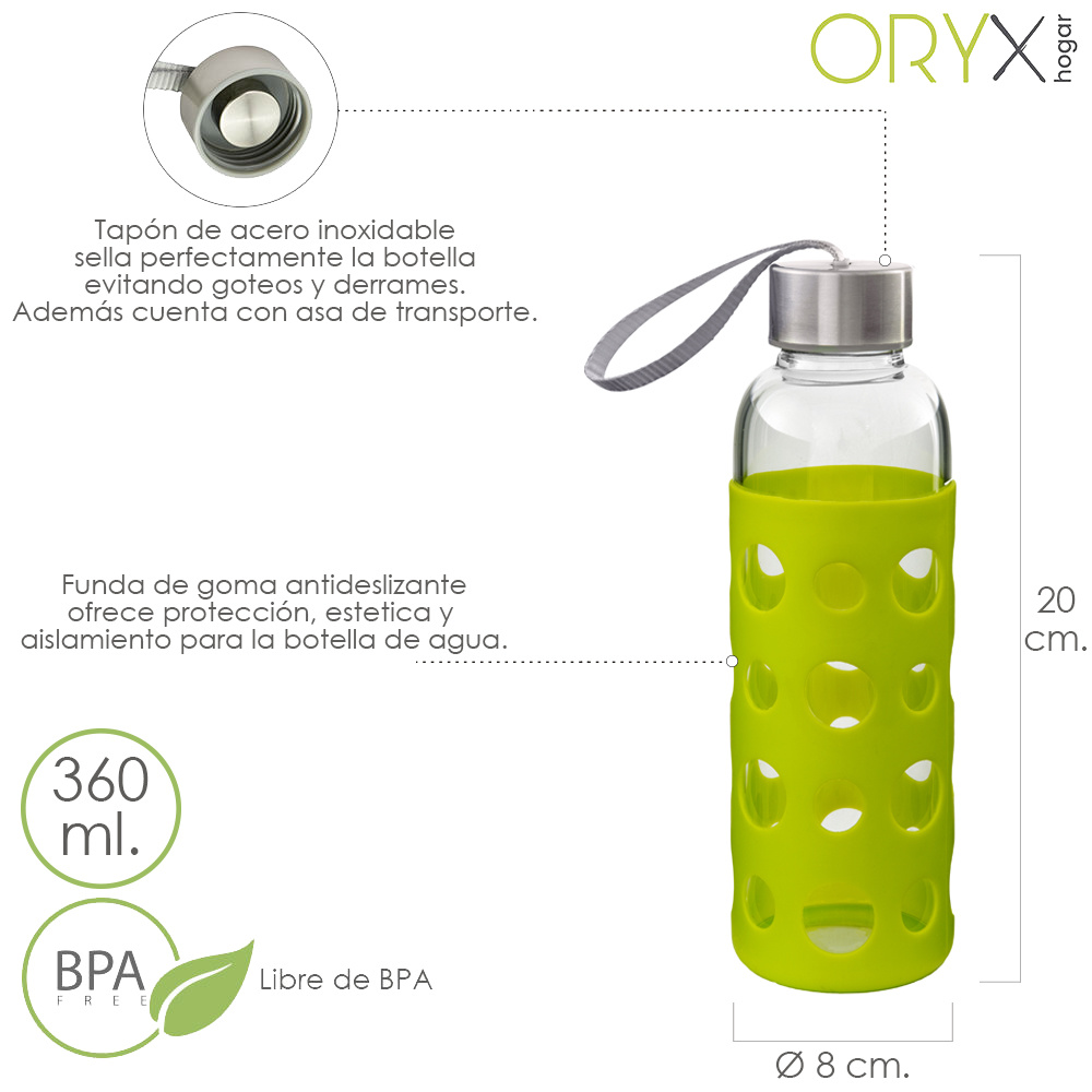 Archivo Calamidad Relajante Botella Agua de Cristal, Capacidad De 360 ML. Libre BPA, Con Funda Goma y  Tapon Antigotas - BigMat