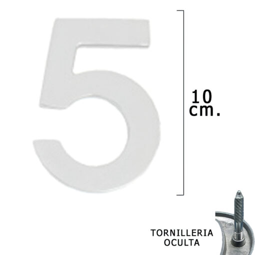 Numero Metal "5" Plateado Mate 10 cm. con Tornilleria Oculta (Blister 1 Pieza)