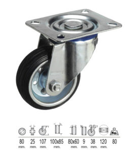 Rueda Industrial Goma Negra Placa   80 mm.