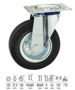 Rueda Industrial Goma Negra Placa  125 mm.