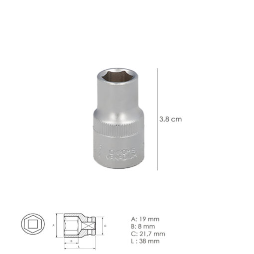 Llave Vaso 1/2" Hexagonal 13 mm. Perfil de 6 caras. Acero Cromo Vanadio, Aristas Redondas - Imagen 3