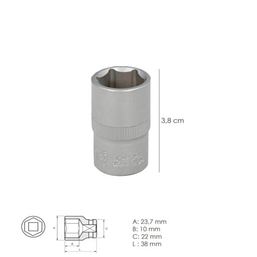 Llave Vaso 1/2" Hexagonal 17 mm. Perfil de 6 caras. Acero Cromo Vanadio, Aristas Redondas - Imagen 3