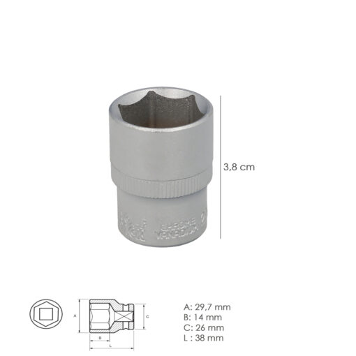 Llave Vaso 1/2" Hexagonal 22 mm. Perfil de 6 caras. Acero Cromo Vanadio, Aristas Redondas - Imagen 3