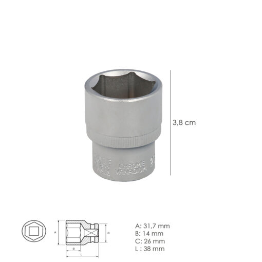 Llave Vaso 1/2" Hexagonal 23 mm. Perfil de 6 caras. Acero Cromo Vanadio, Aristas Redondas - Imagen 3