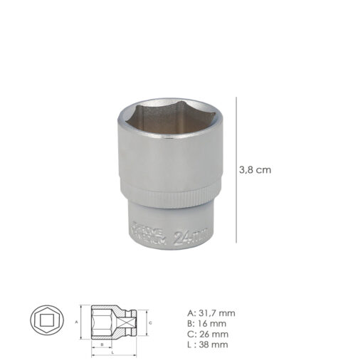 Llave Vaso 1/2" Hexagonal 24 mm. Perfil de 6 caras. Acero Cromo Vanadio, Aristas Redondas - Imagen 3