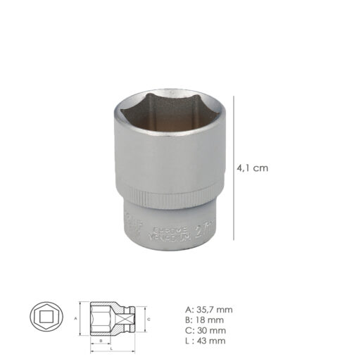 Llave Vaso 1/2" Hexagonal 27 mm. Perfil de 6 caras. Acero Cromo Vanadio, Aristas Redondas - Imagen 3