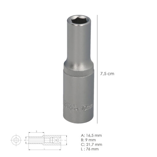 Llave Vaso 1/2" Hexagonal Larga 10 mm. Perfil de 6 caras. Acero Cromo Vanadio, Aristas Redondas - Imagen 3