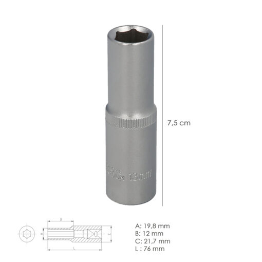 Llave Vaso 1/2" Hexagonal Larga 13 mm. Perfil de 6 caras. Acero Cromo Vanadio, Aristas Redondas - Imagen 3