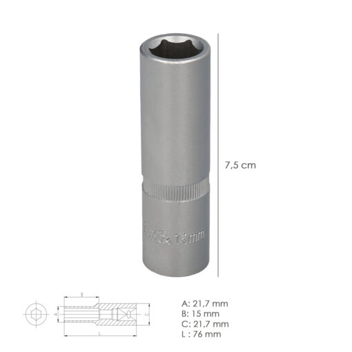 Llave Vaso 1/2" Hexagonal Larga 15 mm. Perfil de 6 caras. Acero Cromo Vanadio, Aristas Redondas - Imagen 3