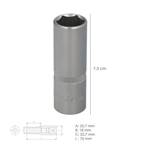 Llave Vaso 1/2" Hexagonal Larga 19 mm. Perfil de 6 caras. Acero Cromo Vanadio, Aristas Redondas - Imagen 3