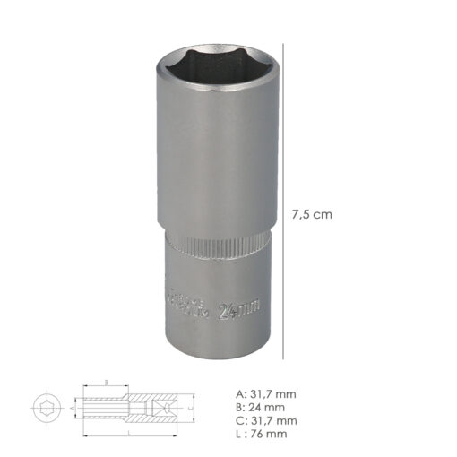 Llave Vaso 1/2" Hexagonal Larga 24 mm. Perfil de 6 caras. Acero Cromo Vanadio, Aristas Redondas - Imagen 3