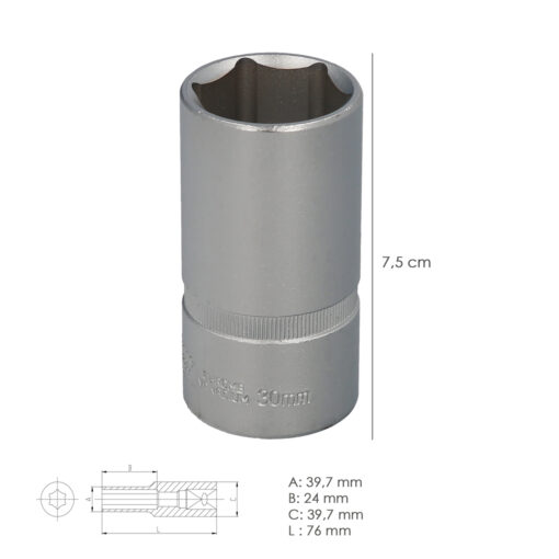 Llave Vaso 1/2" Hexagonal Larga 30 mm. Perfil de 6 caras. Acero Cromo Vanadio, Aristas Redondas - Imagen 3