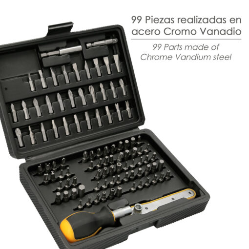 Juego Puntas con Destornillador 1/4" 99 Pzs. Con Apadtador. Cromo Vanadio, Kit Llave Combinada, Kit Carraca, - Imagen 3