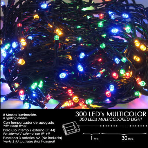 Luces Navidad A Pilas 300 Leds Multicolor Interior / Exterior (IP44) - Imagen 2