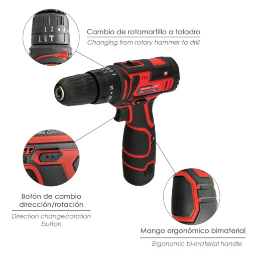 Taladro Atornillador 12 V. Con 2 Velocidades y Percutor. Bateria 1.300 mAh. Par Apriete 35 Nm. - Imagen 4