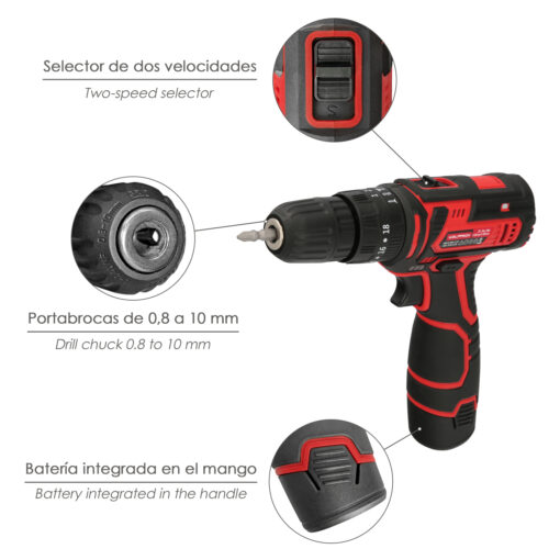 Taladro Atornillador 12 V. Con 2 Velocidades y Percutor. Bateria 1.300 mAh. Par Apriete 35 Nm. - Imagen 5