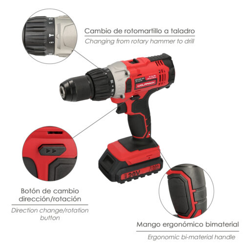 Taladro Atornillador 20 V. Con 2 Velocidades y Percutor. Bateria 2 Ah. Par Apriete 50 Nm. - Imagen 4