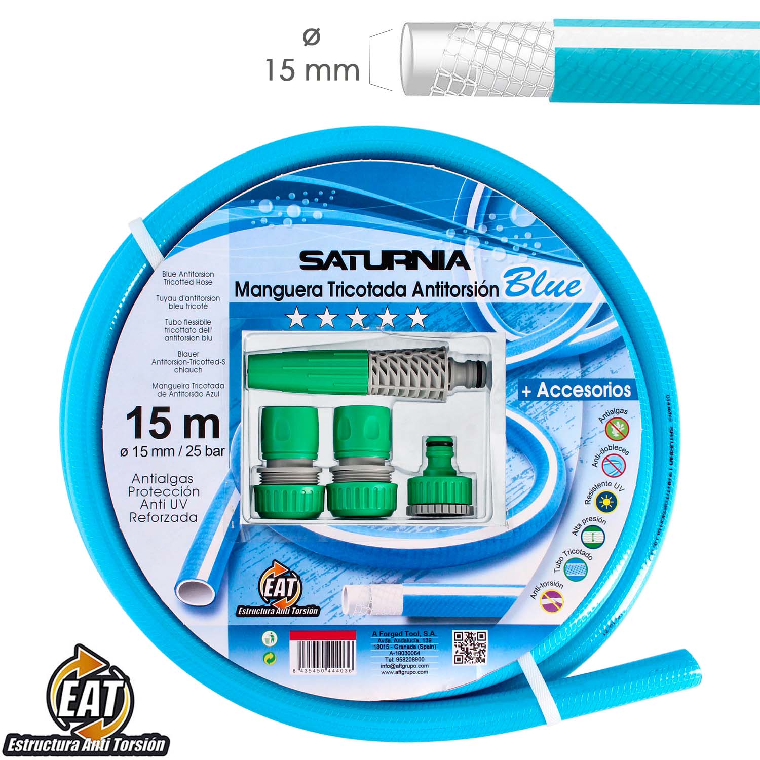 Manguera Tricotada No Torsion Blue Ø 15 mm. Rollo 15 metros. Con Accesorios, Manguera Anti Torsion, Manguera Sin Dobleces, - Imagen 2