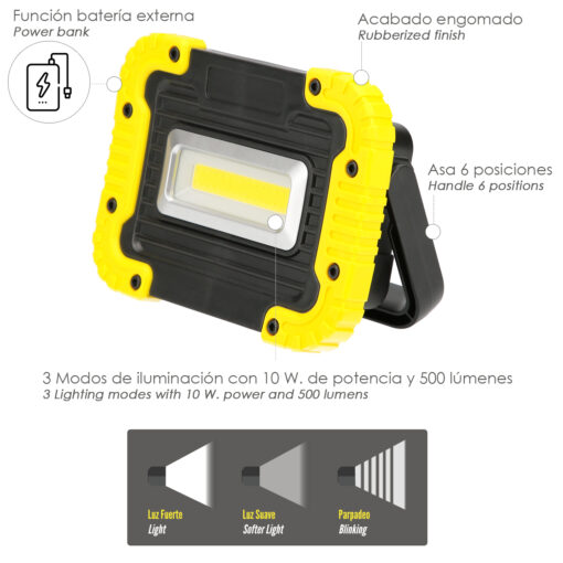 Linterna de Trabajo Led  Multifunción Recargable 2.000 mAh. / 10 W. / 500 Lúmenes / 4 Imanes / Bateria Externa / Soporte 180º - Imagen 3