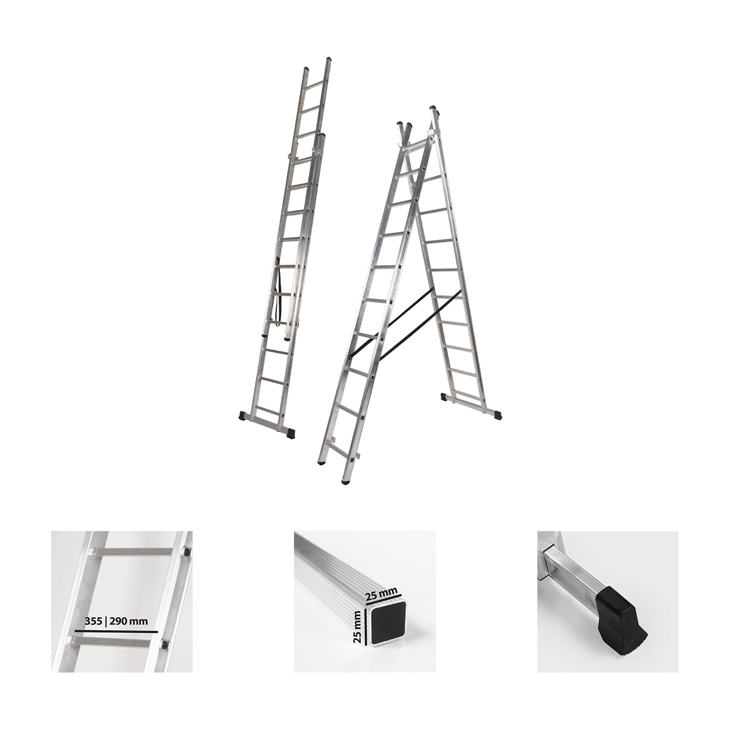 Escalera Aluminio 2 Tramos 9+9 Peldaños. Plegable, Antideslizante, Resistente - Imagen 3